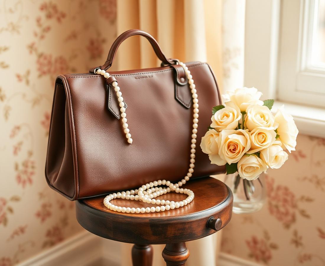 A handbag styled with pearls on a cream backdrop