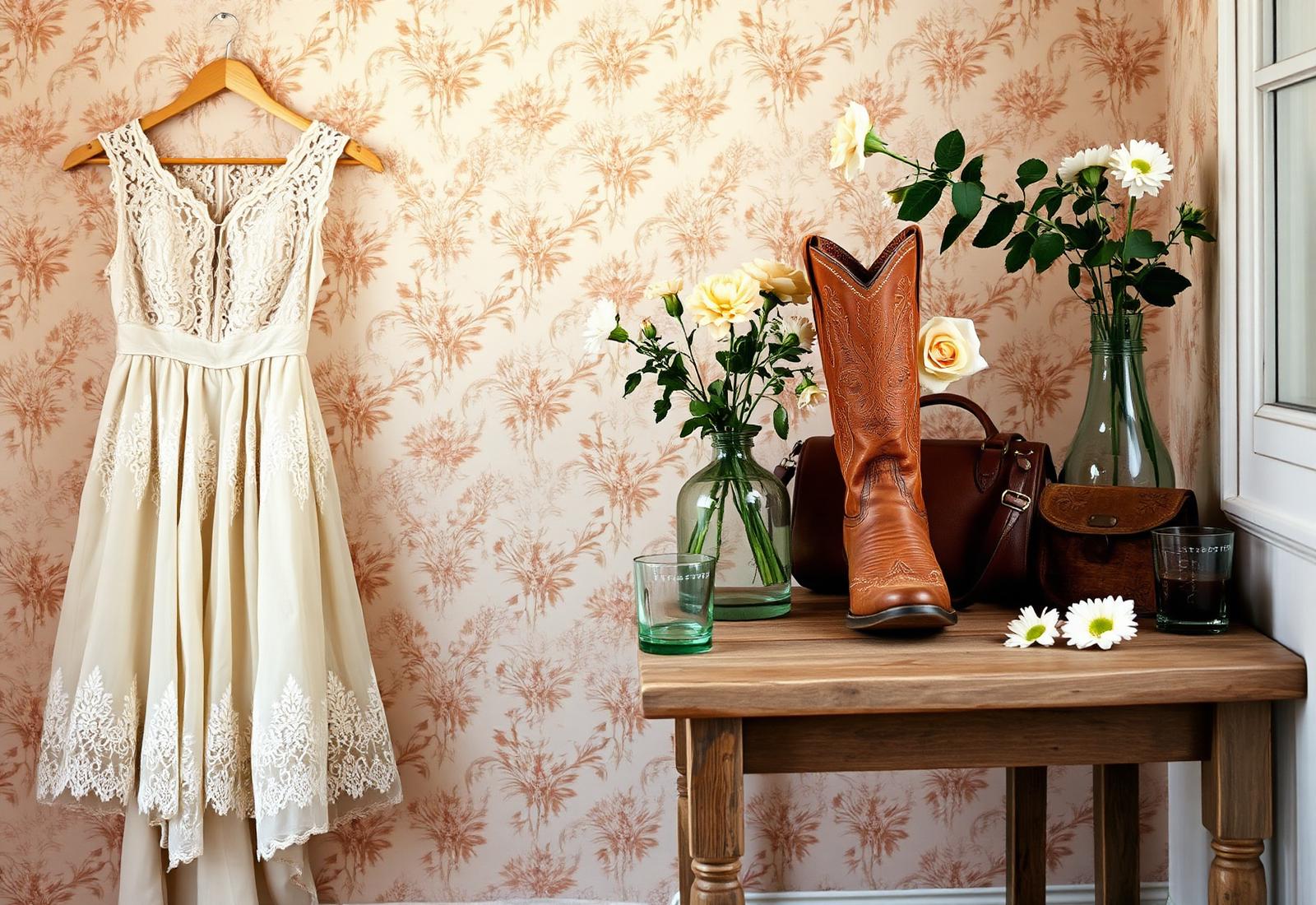 A still life of collected pieces — dress, boots, florals and green glass