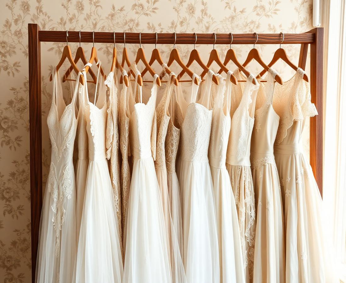 A rack of gowns and gathered garments